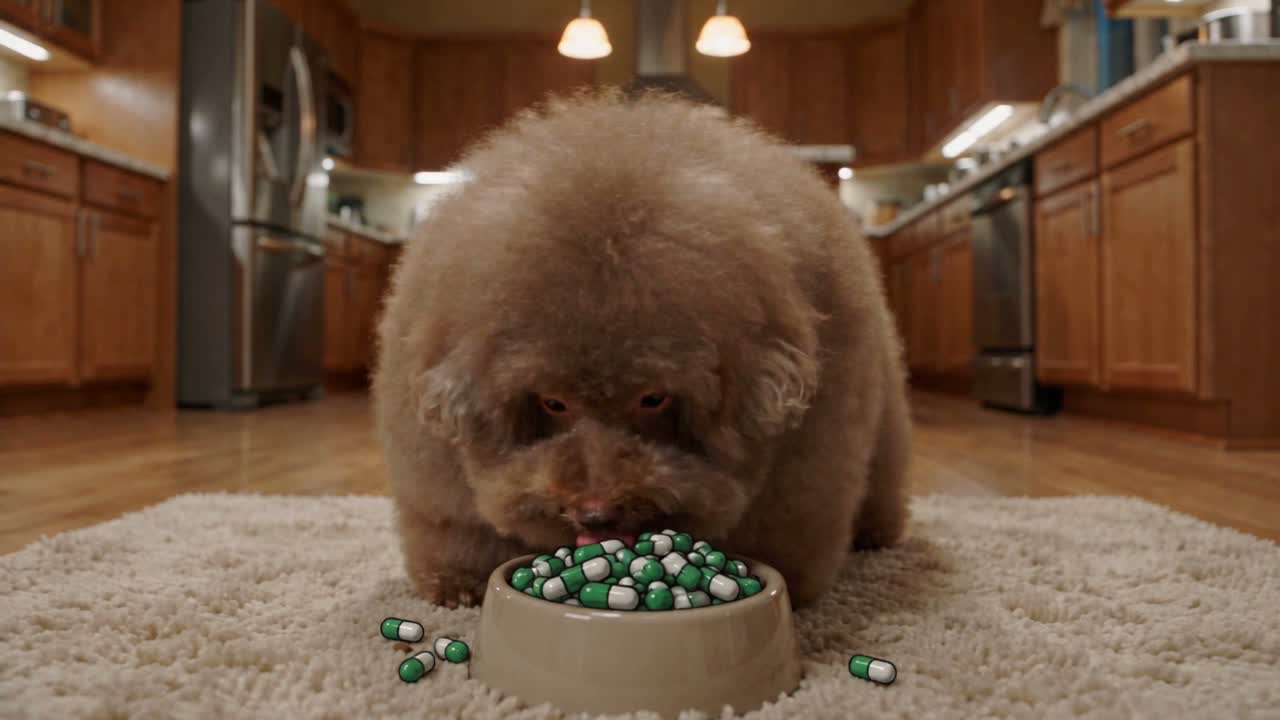 Scoobert with a bowl of green and white pump.fun capsules